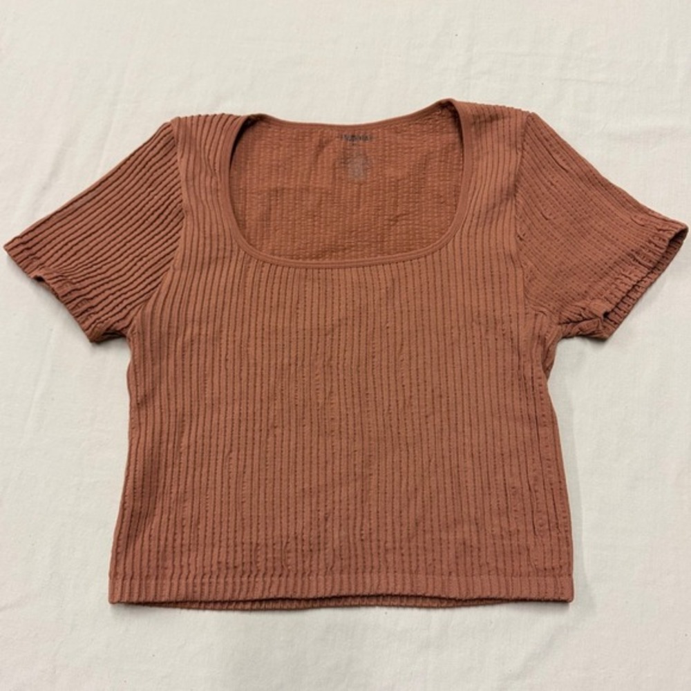 FRESHWEAR M/L Ribbed Cropped Square Neck Short Sleeve Rust Orange Boho Festival